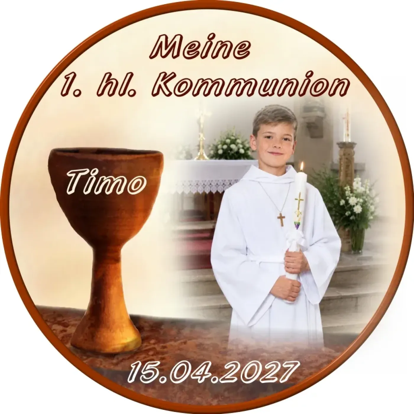 Fototortenaufleger für Kommunion, Konfirmation, Firmung und Jugendweihe mit rustikalem Kelch